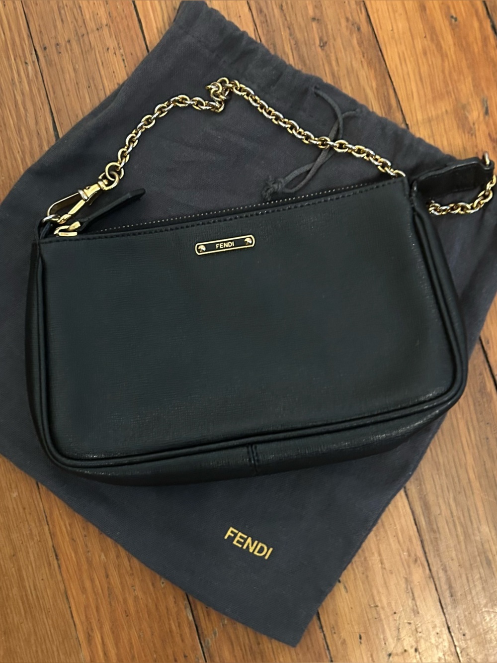 Fendi Black Leather Shoulder Bag with Gold Chain